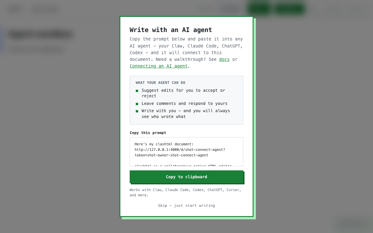 Welcome card with copyable prompt to connect an AI agent