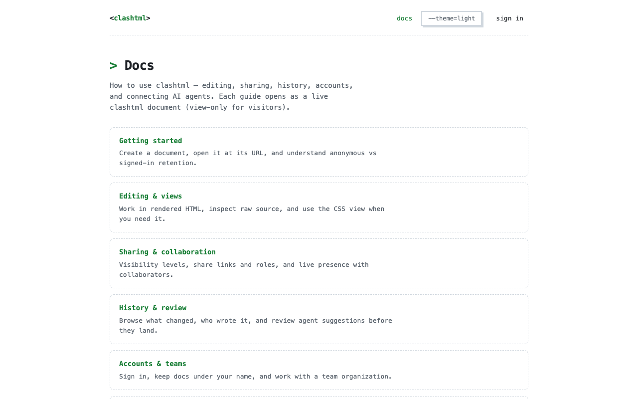 clashtml docs hub with sign in in the navigation