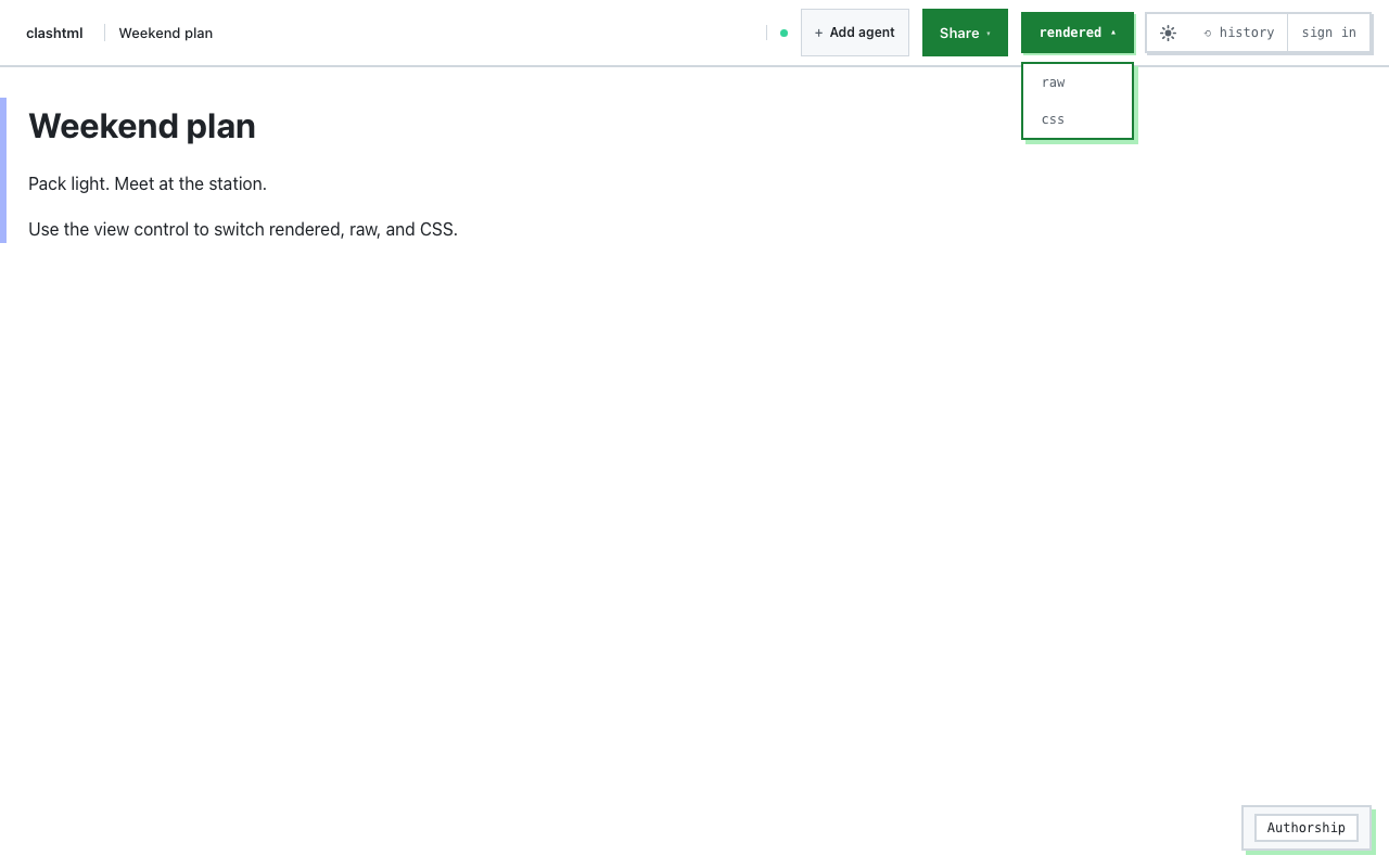clashtml editor with the view menu open on rendered CSS and raw options
