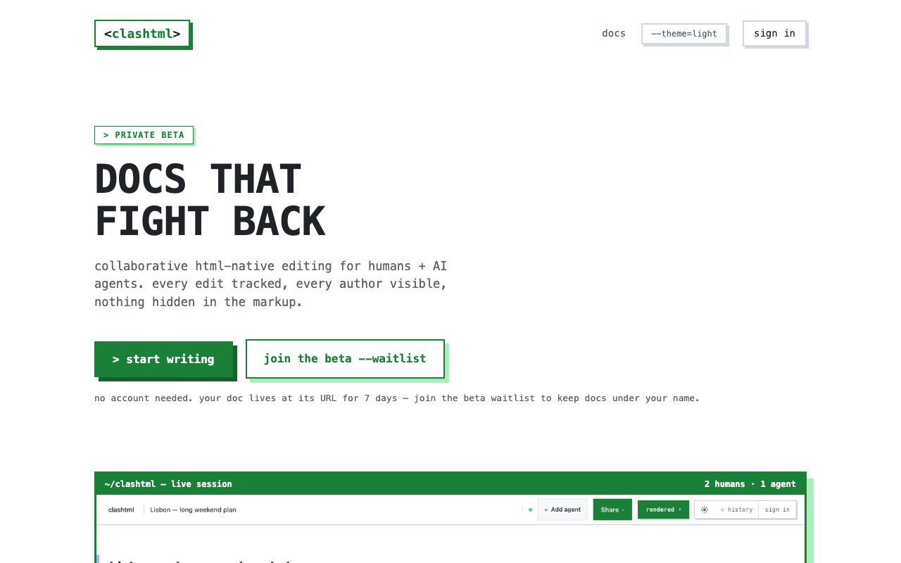 clashtml landing page with start writing CTA
