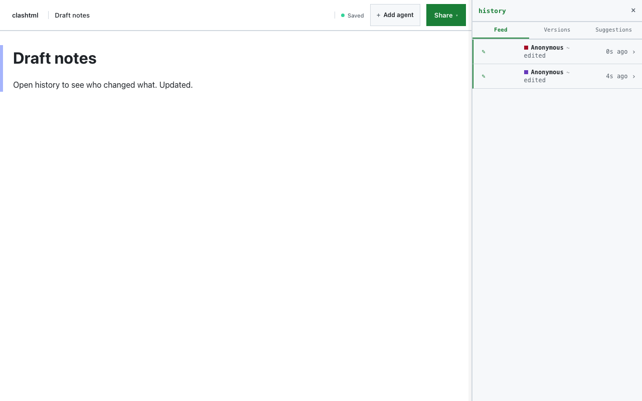 clashtml history panel showing feed of edits and document creation