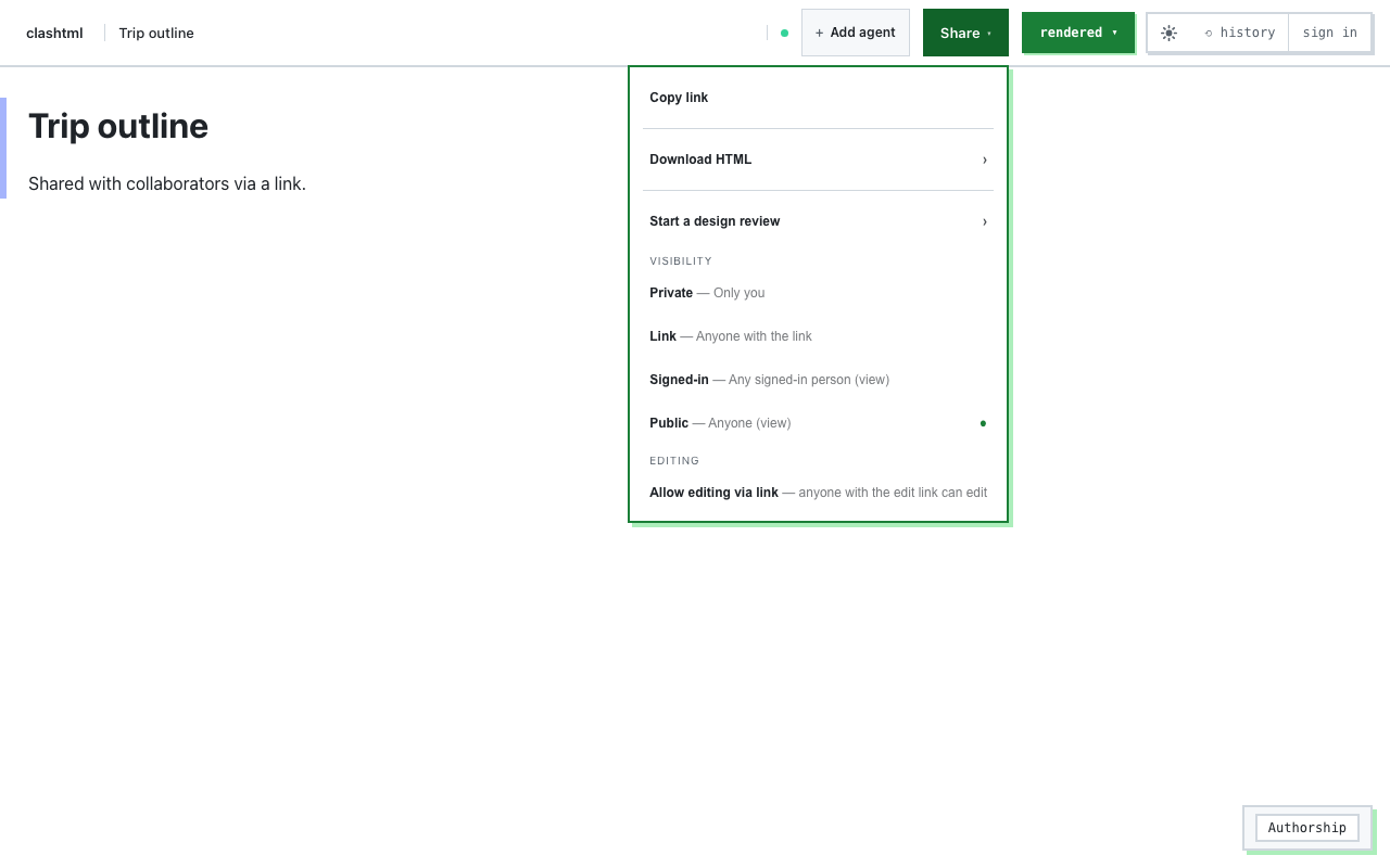 Share menu with visibility options in the clashtml editor