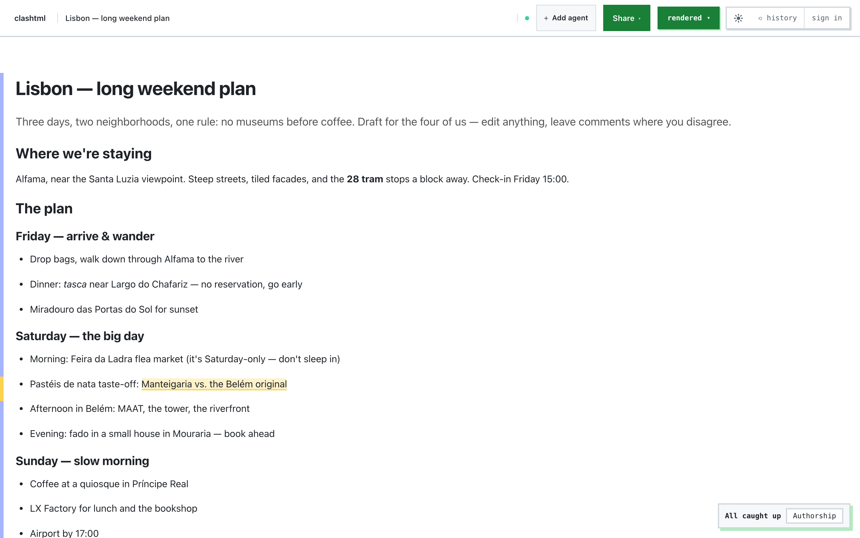 clashtml editor — a live collaborative session with two humans and an AI agent